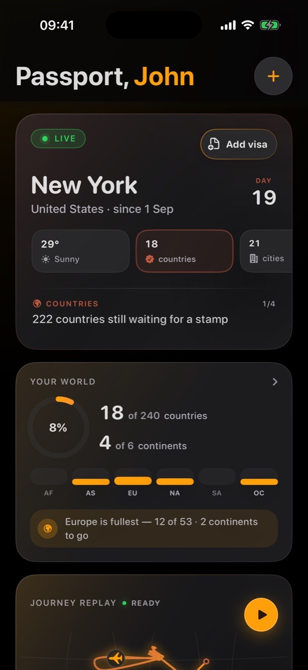 The Passport screen: live in New York on day 19, with 18 countries and 21 cities visited.